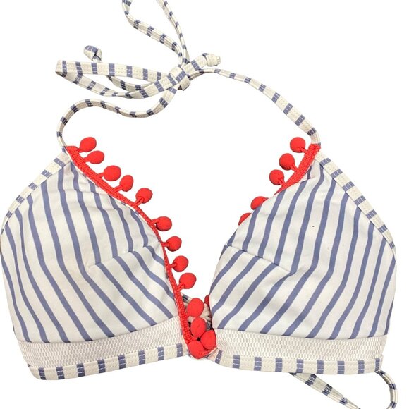 Coco Ship 10 High Waisted String Bikini Swimsuit Gray White Striped Pink Pom Pom - Picture 7 of 15